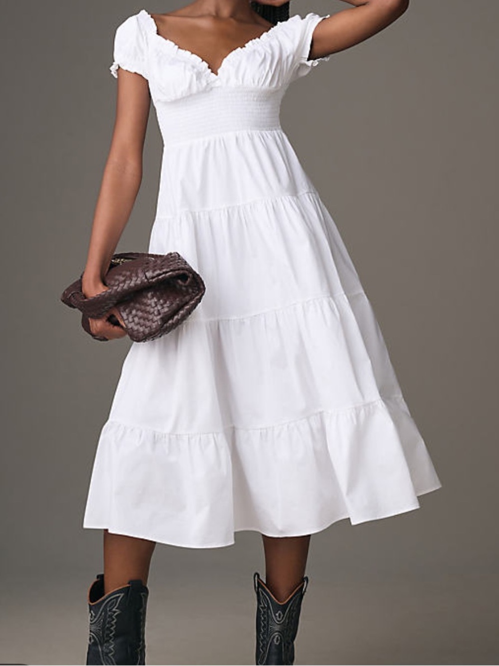 Danielle Bernstein White Tiered Poplin Smocked Bodice Puff Sleeve Midi Dress L - Picture 13 of 13
